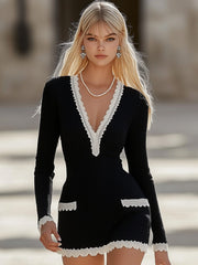 【24-hour shipping out】Elegant and Simple Stitching Lace Edge Black Knitted Mini Dress