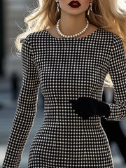 【24-hour shipping out】Retro Elegant High-End Round Neck Houndstooth Dress