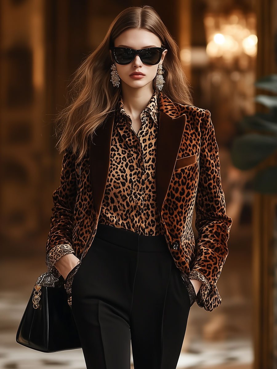 【24-hour shipping out】Casual Loose Retro Velvet Leopard Print Collar Blazer