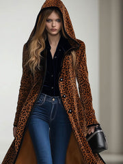 【24-hour shipping out】Casual Loose Vintage Velvet Leopard Print Black Trim Hooded Long Coat