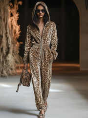 【24-hour shipping out】Casual Loose Vintage Velvet Leopard Print Zipper Hooded Jumpsuit