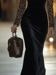 【24-hour shipping】Retro Elegant High-End One-Shoulder Leopard Print Velvet Dress