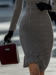 【24-hour shipping out】Retro Elegant High-End Round Neck Houndstooth Dress