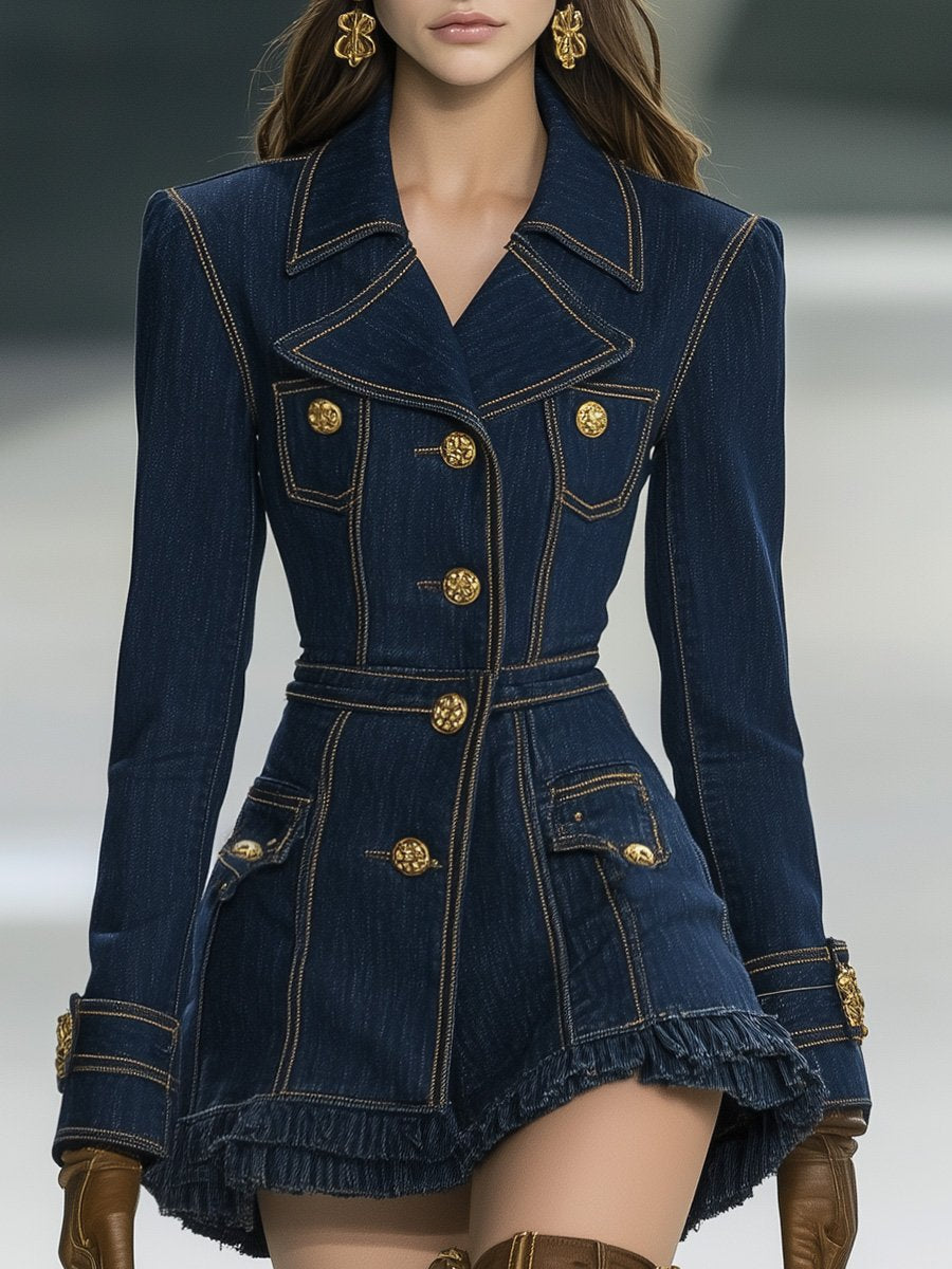 【24-hour shipping out】Classic and Playful Large Lapel Ruffled Hem Waist Denim Mini Dress