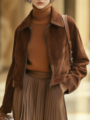 【24-hour shipping out】Casual Loose Solid Color Suede Zipper Pocket Short Jacket