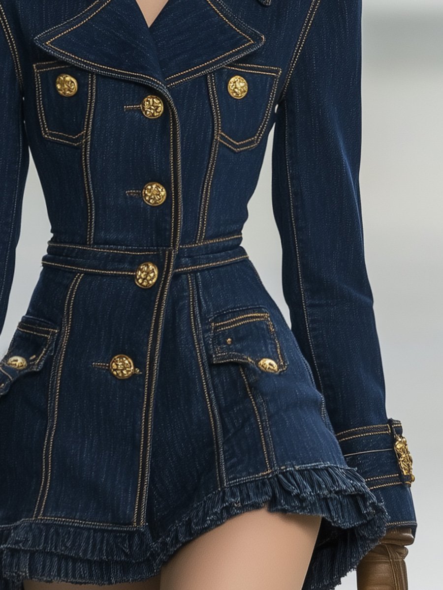 【24-hour shipping out】Classic and Playful Large Lapel Ruffled Hem Waist Denim Mini Dress