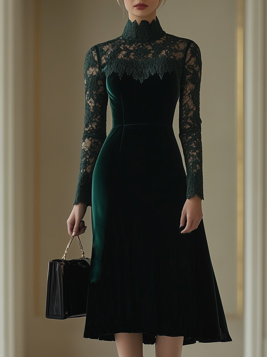 【24-hour shipping out】Elegant Retro Velvet Stitching Lace High Collar Long Sleeve Midi Dress