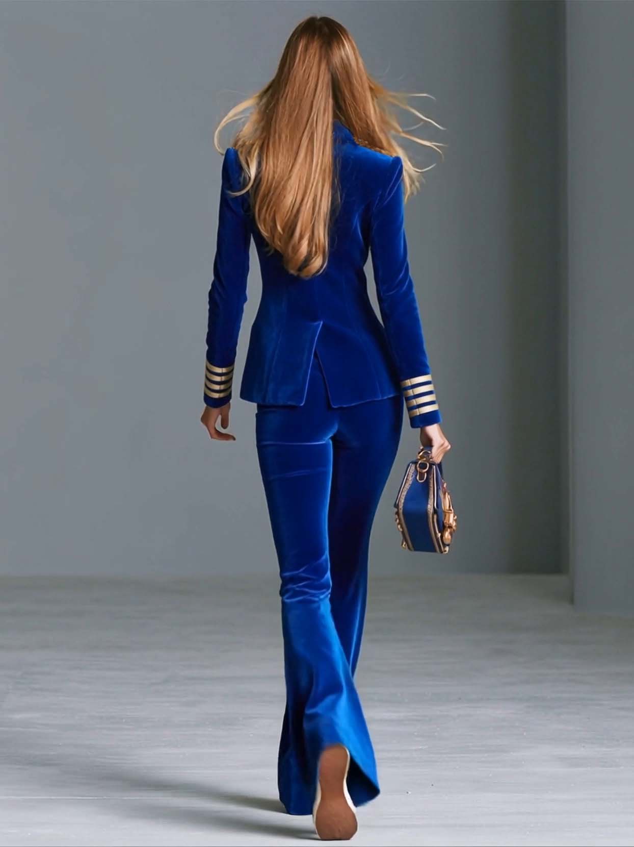 Royal Blue Velvet High-Waist Gold-Button Flare Bootcut Party Pants Women