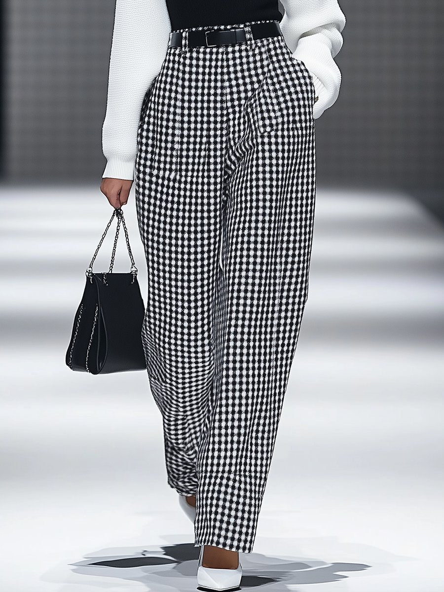 【24-hour shipping out】Fashion Retro Houndstooth Pocket Straight Pants