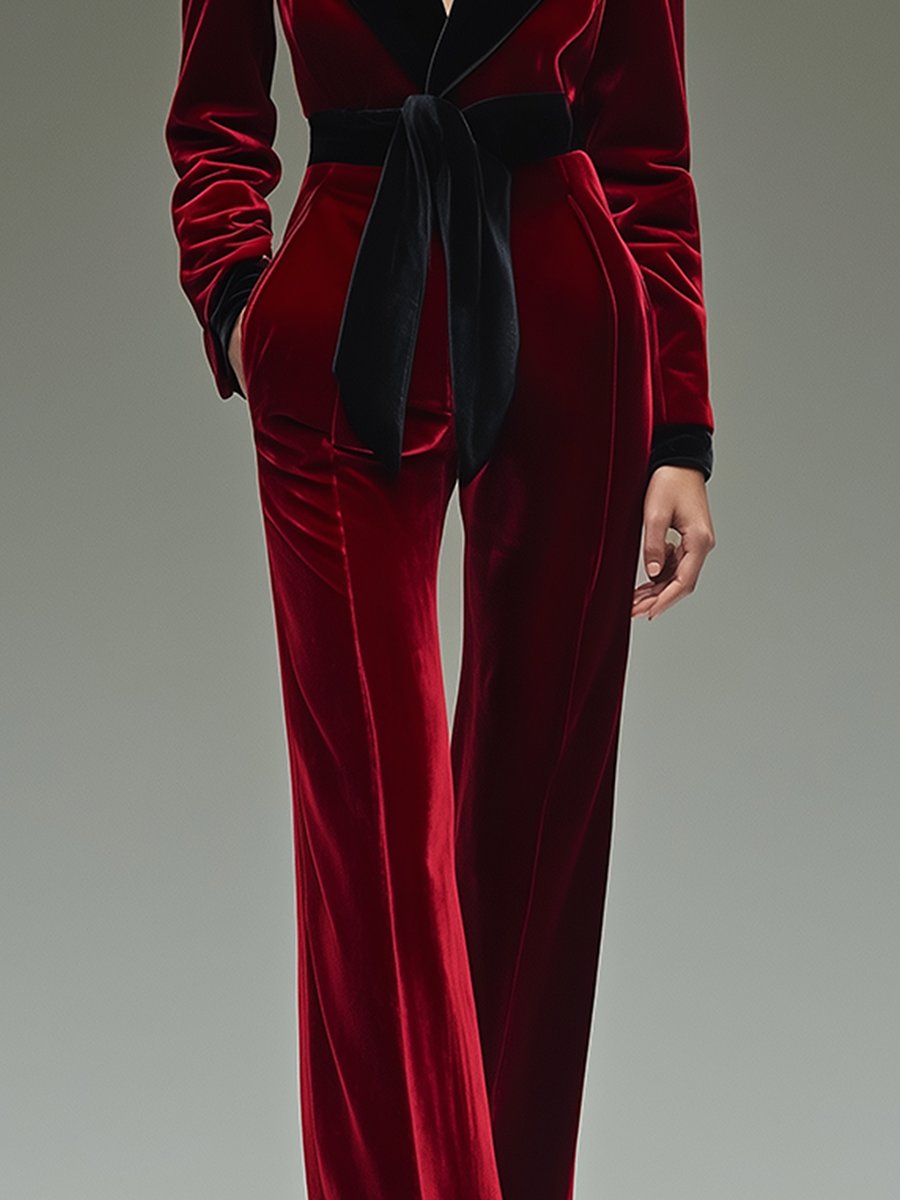【24-hour shipping out】Retro Fashion Lapel Belt Different Color Velvet Stitching Jumpsuit