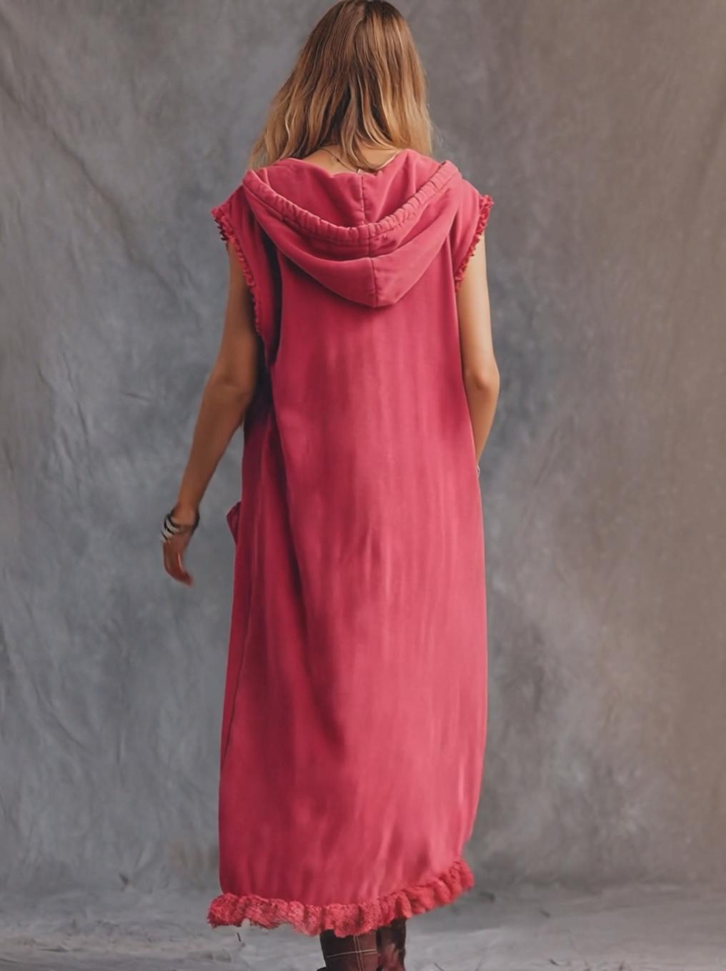 Vintage Casual Sporty Hooded V-neck Front Zip Lace Trim Sleeveless Raspberry Red Cotton Maxi Dress